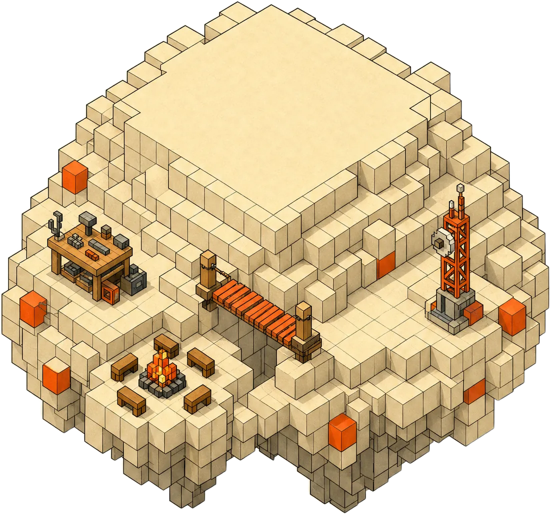 La isla voxel del mundo CG1: el taller, el puente, la fogata de la comunidad y la antena de señales